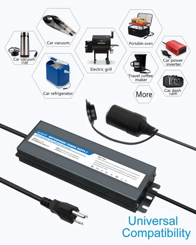 Vista 6 de ALITOVE Convertidor de CA a CC de 110V a 12V 12.5A 150W máximo Fuente de alimentación para exteriores 13 pies IP67 Adaptador de CA/CC impermeable