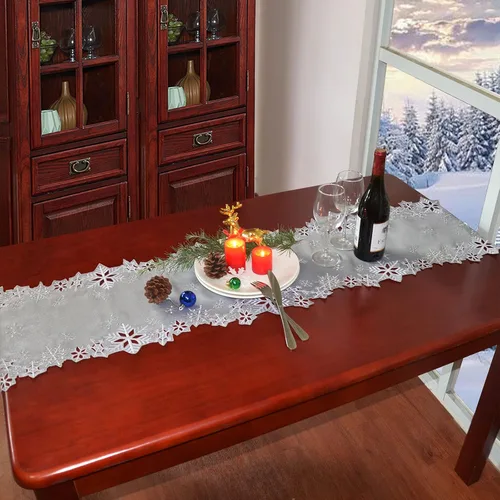 Vista 5 de Caminos de mesa bordados con copos de nieve para Navidad e invierno (plata, 14 x 34 pulgadas)