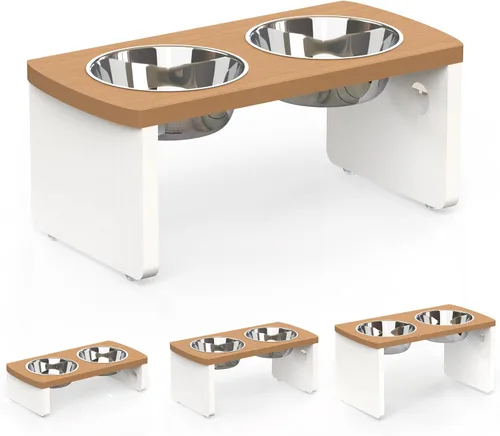 Vista 18 de Cuencos elevados para perros, cuenco elevado de bambú para perros y gatos pequeños, con 2 cuencos de acero inoxidable