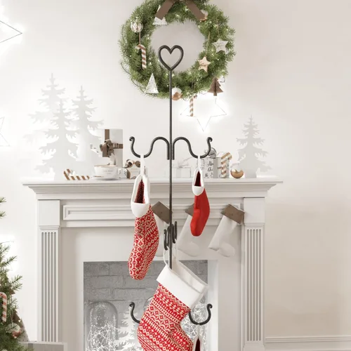 Vista 7 de Soporte de pie para calcetín de Navidad. Hecho de hierro forjado con 6 perchas de ropa. Los ganchos tienen forma de corazón