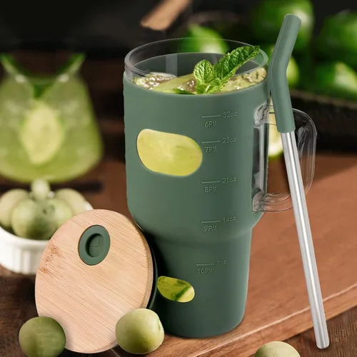 Vista 6 de Vaso de vidrio de 32 onzas – Vaso con tapa de bambú y popote – Vaso de café reutilizable con funda de silicona, vaso para batidos Boba – sin BPA