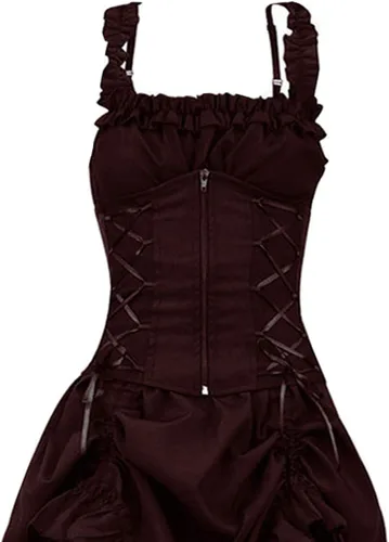 Vista 2 de Gothic Clothing Women, Gothic Dress for Women Steampunk Strappy Layers Dress Skirt Lace Long Dress