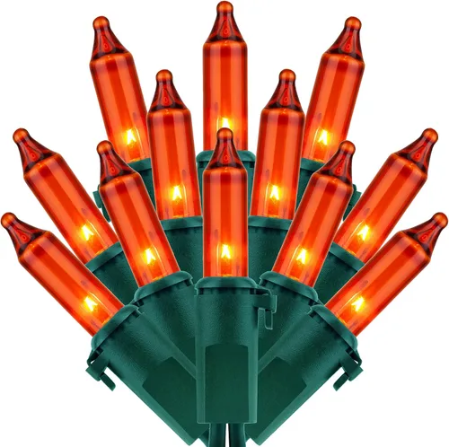Vista 8 de 200 luces de Navidad naranjas, paquete de 2 hebras de 100 luces, 33 pies de cable marrón, luces de cadena de Halloween con certificación UL (naranja)