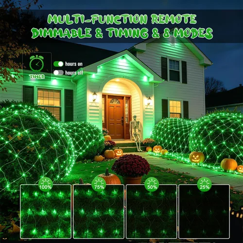Vista 2 de JMEXSUSS 200 luces LED verdes de red, enchufables, 9.8 pies x 6.6 pies, luces de red de Navidad conectables para exteriores, luz verde de arbusto