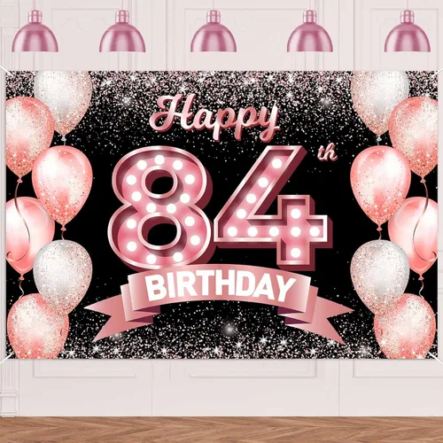 Vista 360 de Cartel de feliz cumpleaños décimo oro rosa, telón de fondo, saludos a 10 años, globos de confeti, decoración temática para niñas de 10 años