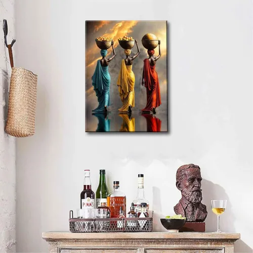 Vista 3 de Arte de Lienzo para Pared de Mujer Negra, Pintura de Mujer Afroamericana, Cuadros Decorativos, Pósters Retro Étnicos Rojos Amarillos Azules