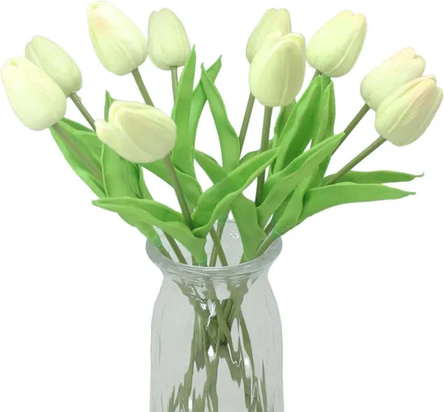 Vista 16 de Flores artificiales, 10 cabezas, mini tulipán artificial de tacto real para decoración del hogar, boda, fiesta, centro de mesa (negro)