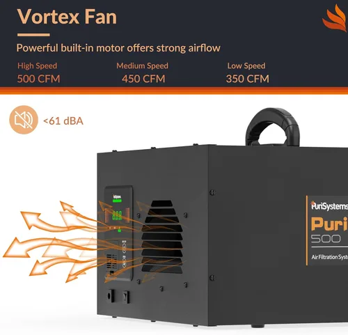 Vista 5 de Sistema de filtración de aire remoto de 3 velocidades PURISYSTEMS, filtro de aire colgante PuriCare 500 con control remoto RF para carpintería