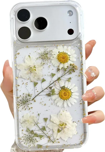 Vista 24 de LSEEKA Funda transparente para iPhone 11 con diseño de flores prensadas reales, linda y brillante, patrón floral rosa, funda protectora delgada