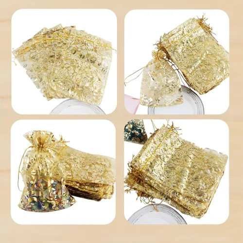 Vista 5 de QIANHAILIZZ 5 x 7 pulgadas 100 piezas corazón flor organza joyería bolsa de regalo bolsa de caramelo bolsa cordón boda favor bolsas P835