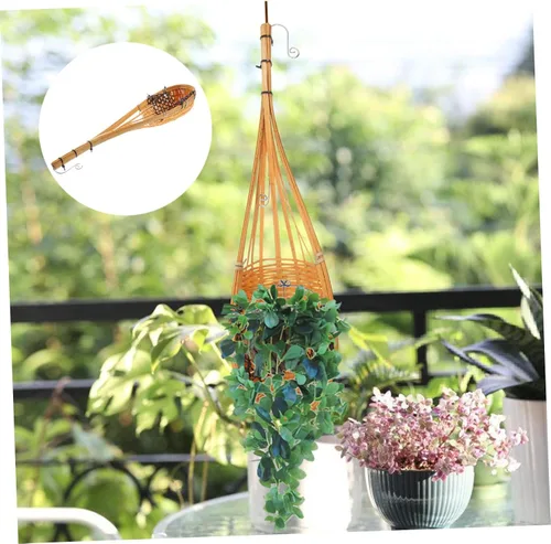 Vista 9 de Juego de 3 cestas tejidas colgantes con forma de cono de bambú para almacenamiento de plantas, decoración de jardín