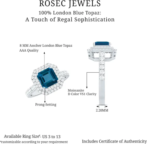 Vista 6 de Anillo de compromiso natural de corte Asscher con topacio azul Londres con moissanita, calidad AAA, anillo de compromiso de doble halo certificado