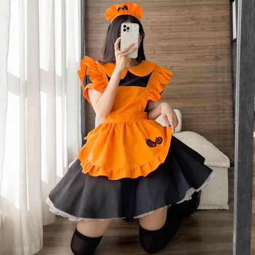 Vista 7 de Trajes de sirvienta de calabaza para mujer, vestido Lolita, restaurante, murciélago, vampiro, criada mágica, bordado, Halloween, cosplay