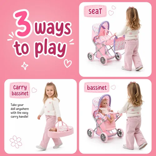 Vista 8 de Cochecito convertible de muñeca con moisés de viaje extraíble para niños, asa ajustable, con toldo y cesta de almacenamiento, 25 pulgadas