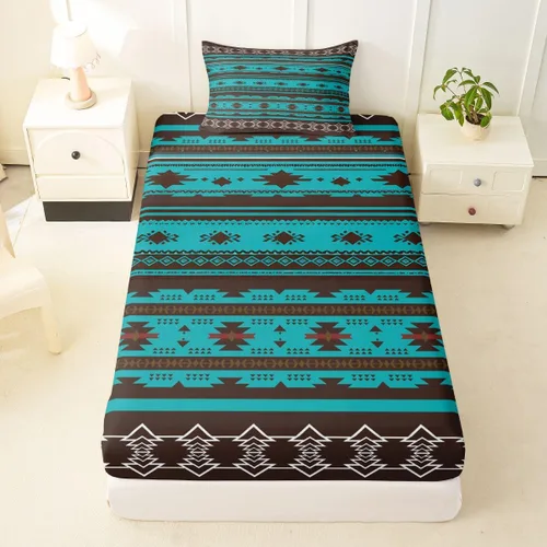 Vista 59 de Juego de ropa de cama de estilo bohemio occidental, tamaño individual, diseño de vaca atrapasueños, sábana bajera ajustable del suroeste, tribu