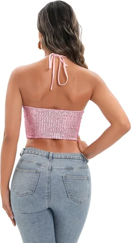 Vista 2 de Blusa corta con lentejuelas metálicas brillantes y sexys para mujer, para fiestas y fiestas, Rosa 2044