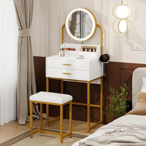 Vista 8 de ARTETHYS Escritorio pequeño con espejo y luces, tocador de maquillaje compacto blanco con silla, moderno tocador que ahorra espacio con cajón