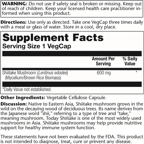 Vista 3 de SOLARAY Setas Shiitake 600 mg 100
