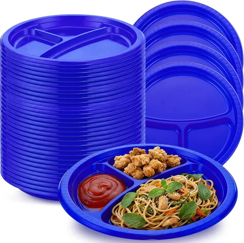 Vista 13 de Umigy 100 platos de plástico divididos de 10 pulgadas, 3 compartimentos, a granel, colorido, desechable, resistente, vajilla redonda para San Negro
