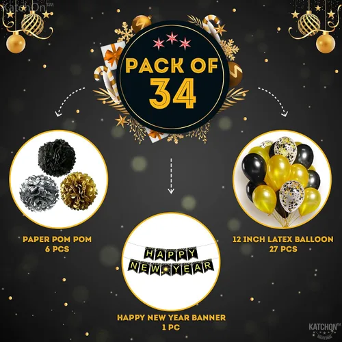 Vista 2 de KatchOn, Suministros para fiestas de Año Nuevo 2026 – Paquete de 34 Cartel de feliz año nuevo de 10 pies con pompones Fondo negro y dorado