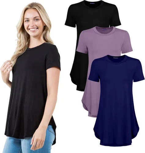 Vista 10 de Azules Blusa larga de manga corta para mujer, con cuello redondo y dobladillo curvado, suave y elástica