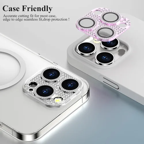 Vista 5 de Paquete de 2 fundas protectoras de lente de cámara con diamantes brillantes compatibles con 15 Pro/15 Pro Max, cobertura completa, protector