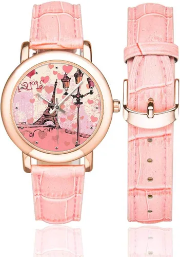Vista 2 de New York City and Eiffel Tower - Reloj de pulsera para mujer, color rosa