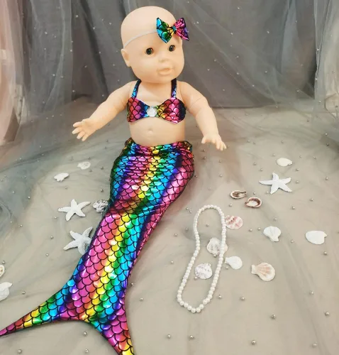 Vista 5 de Disfraz de sirena recién nacida para fotos de bebé, diadema de fotografía, brasier de cola de sirena para bebés y niñas de 3 a 6 meses