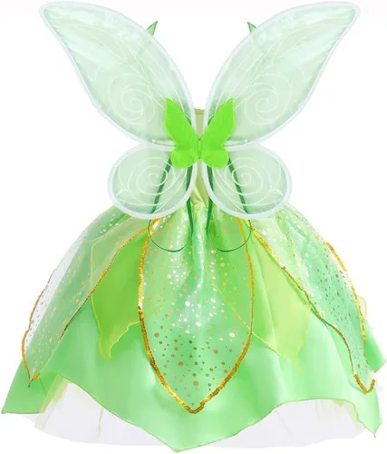 Vista 5 de Disfraz de hada de flores, conjunto de disfraz de princesa para niñas, Tinker Bell ropa para Halloween, disfraz de cosplay con ala, verde