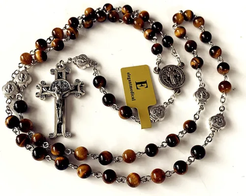 Vista 5 de elegantmedical Catholic Nice Saint St. Benedict Tiger Eye Beads Gift Rosario Collar Cruz Jerusalén, Cobre
