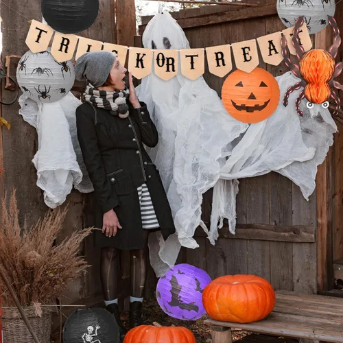 Vista 6 de Mudra Crafts Faroles de papel colgantes de araña, murciélago y calabaza, faroles de papel para interiores y exteriores, decoraciones de Halloween