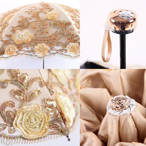 Vista 31 de Honeystore Sombrilla bordada con flor 3D plegable UV con encaje clásico