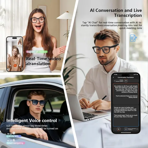 Vista 5 de Lentes inteligentes AI con GPT de chat, gafas de cámara de 8 MP con cámara y audio, gafas de traducción AI con 164 idiomas, Bluetooth con asistente