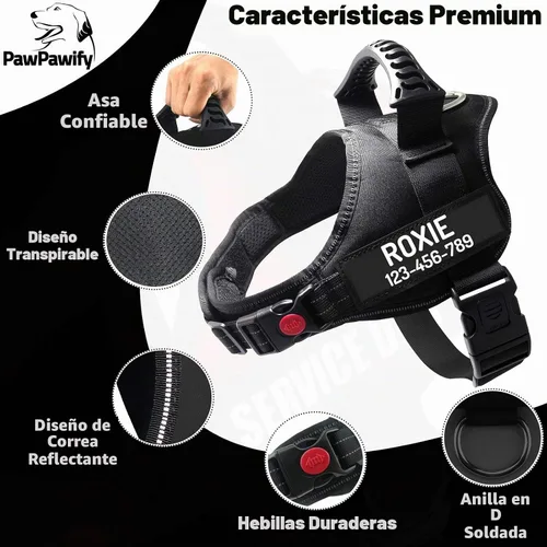 Vista 3 de Arnés de perro personalizado anti tirón con nombre y número de teléfono personalizados de PawPawify, arnés resistente para evitar tirones Negro