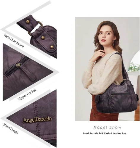 Vista 4 de Angel Barcelo - Bolsa de hombro amplia para mujer, diseño Hobo, cuero lavado