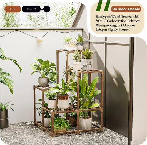 Vista 3 de Bamworld Soporte para plantas para interiores y exteriores, estante de esquina para plantas, soporte para 4 macetas, soporte para flores, estante