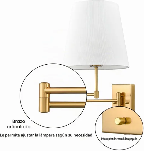 Vista 3 de HYDELITE Lámpara de pared dorada con brazo oscilante, apliques de pared de latón con pantalla de lino, accesorios de pared enchufables o cableados