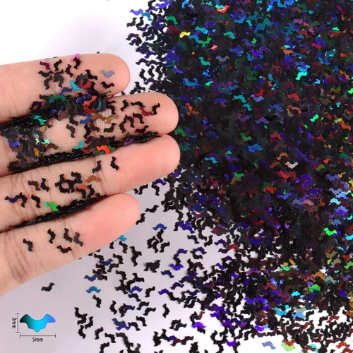 Vista 2 de Renfio 1.75 onzas, 1.76 oz, holográfico, confeti, murciélagos, forma de murciélagos, lentejuelas brillantes, resina brillante, lentejuelas gruesas