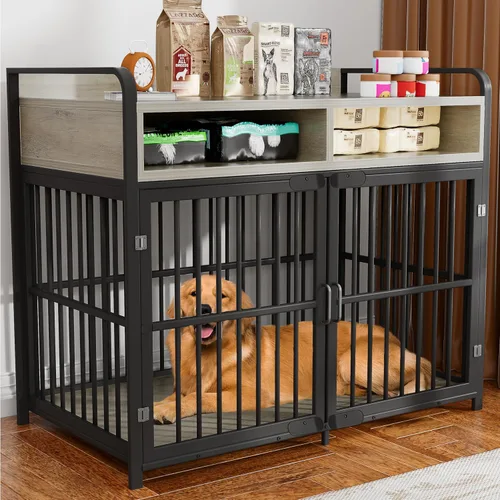 Vista 12 de Muebles de jaula para perros pequeños, perrera de interior, mesa de madera para perros con cajones de almacenamiento, jaula resistente para perros