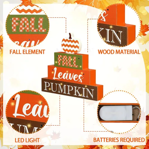Vista 4 de Thyle Decoración de Acción de Gracias de 4 capas, letrero de madera de otoño con luces LED, decoración de madera con bloque de madera iluminado a