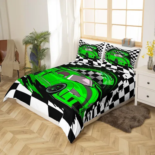 Vista 3 de Erosebridal Juego de ropa de cama de coche deportivo verde para niños, tamaño individual, funda de edredón de autos de carreras para niños