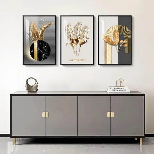 Vista 3 de Arte de pared moderno enmarcado en blanco y negro, 3 piezas de impresiones contemporáneas grandes para paredes, juego de 3 imágenes de hojas doradas