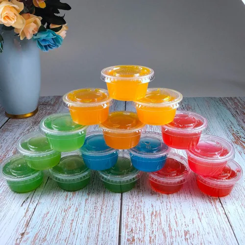 Vista 6 de TashiBox Juego de 100 vasos de plástico desechables con tapas, vasos de chupito de gelatina para soufflé