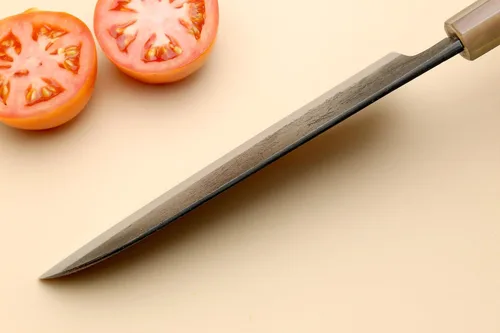 Vista 7 de Yoshihiro Hayate ZDP189 - Cuchillo multiusos Santoku de acero inoxidable de alto carbono, mango octogonal de madera de ébano con anillo de plata