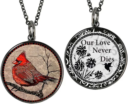 Vista 2 de Lola Bella Gifts and Spirit Lala - Collar cardenal con parte trasera Our Love Never Dies and Red Feathered Soul Poem Card Caja de regalo Duelo, Metal