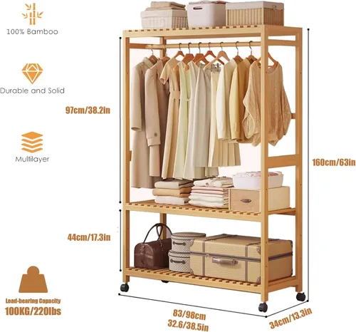 Vista 2 de 3-Tier Bamboo Clothes Rack - Stylish Garment Stand with Open Wardrobe Design & Storage Shelves for Bedroom, Living Room, Entryway - Space-Saving