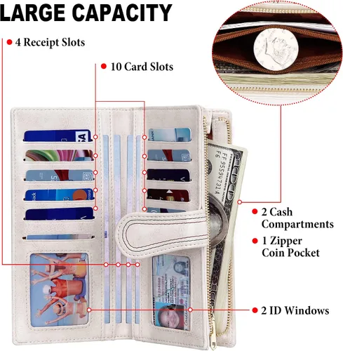 Vista 4 de VOCUS Cartera de cuero para mujer, billetera larga con cremallera para mujer, tarjetero de gran capacidad, tarjetero de crédito para mujer, Blanco