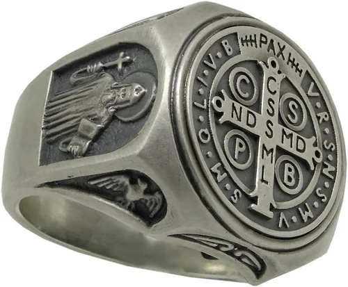 Vista 6 de Anillo de plata de ley 925 de San Benito para hombre, exorcismo católico cristiano, protección demoníaca