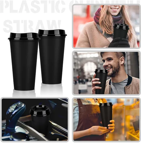 Vista 5 de Domensi Paquete de 15 tazas de café reutilizables con tapas, vasos de viaje desechables de 16 onzas, vasos de plástico a granel para llevar, vasos