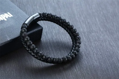 Vista 4 de MEALGUET Pulsera de roca de lava para hombre, pulsera de cuero trenzado con cierre magnético, 2 capas, 8.3in